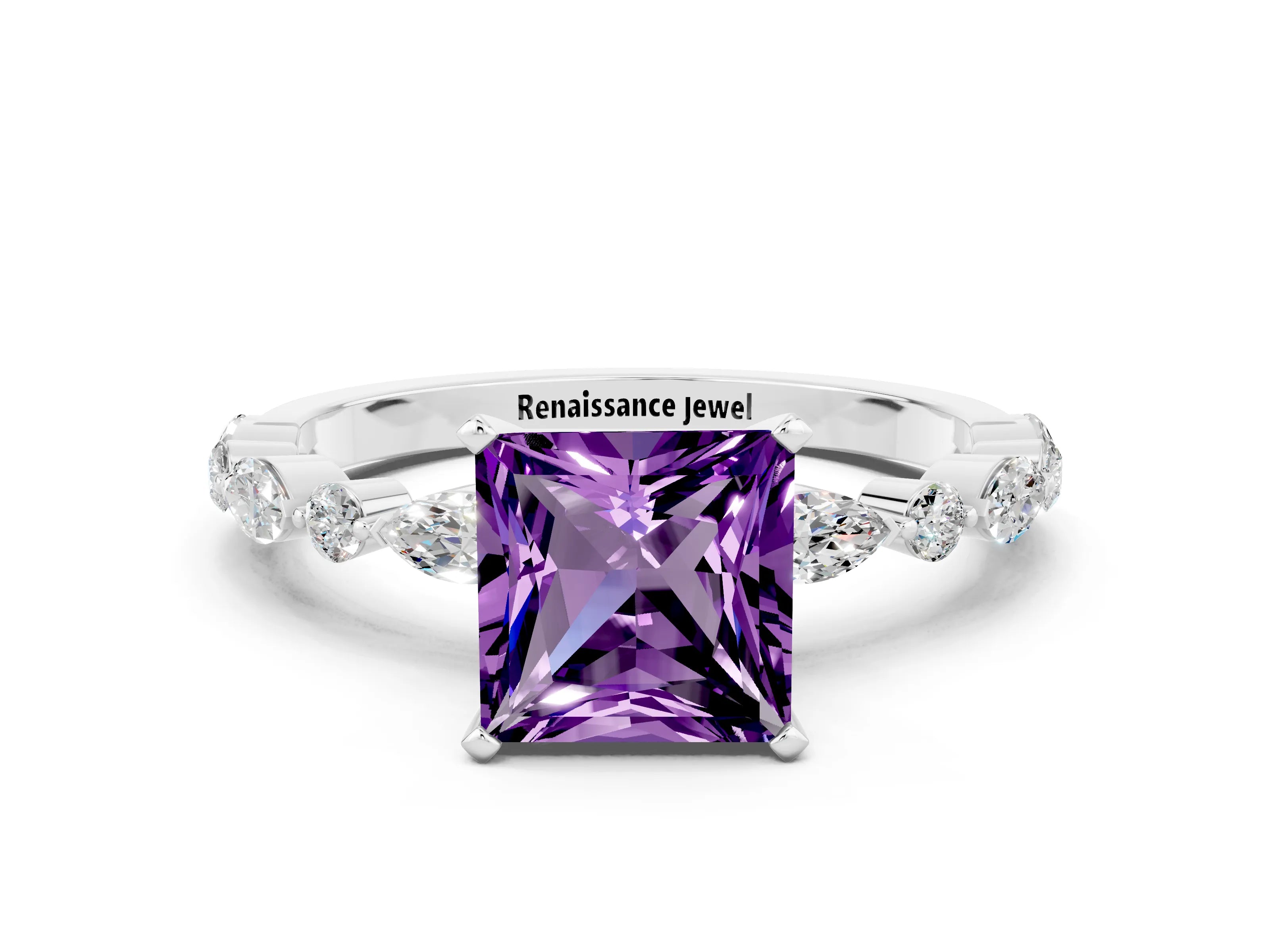 White gold Princess Cut Amethyst Solitaire with Side Stones on a Pavé Band and Four-Prong Setting