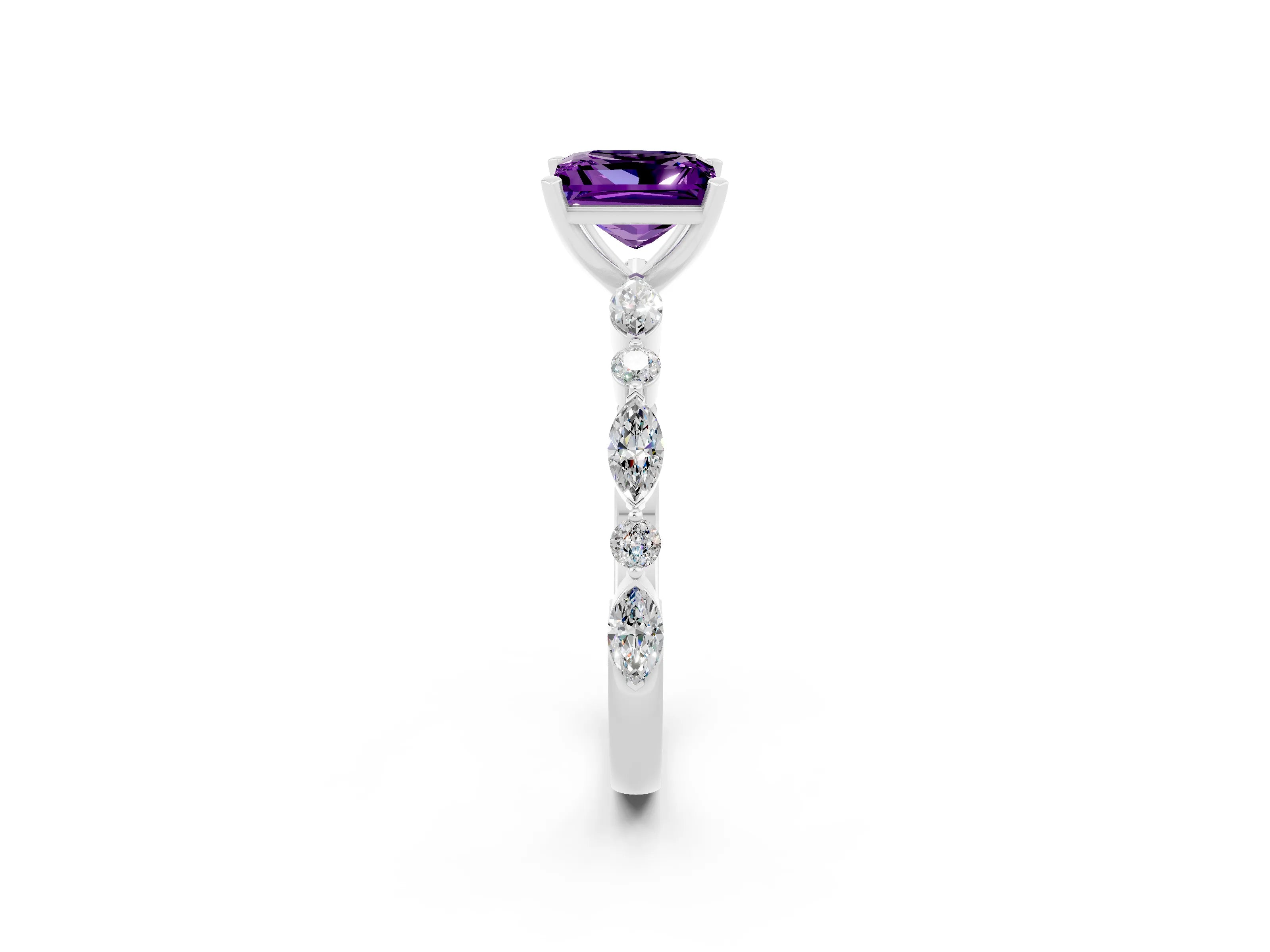 White gold Princess Cut Amethyst Solitaire with Side Stones on a Pavé Band and Four-Prong Setting_2