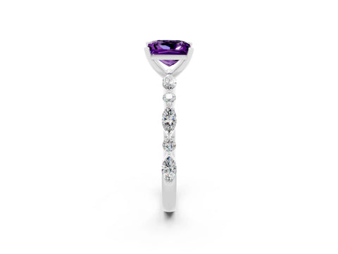 White gold Princess Cut Amethyst Solitaire with Side Stones on a Pavé Band and Four-Prong Setting_2