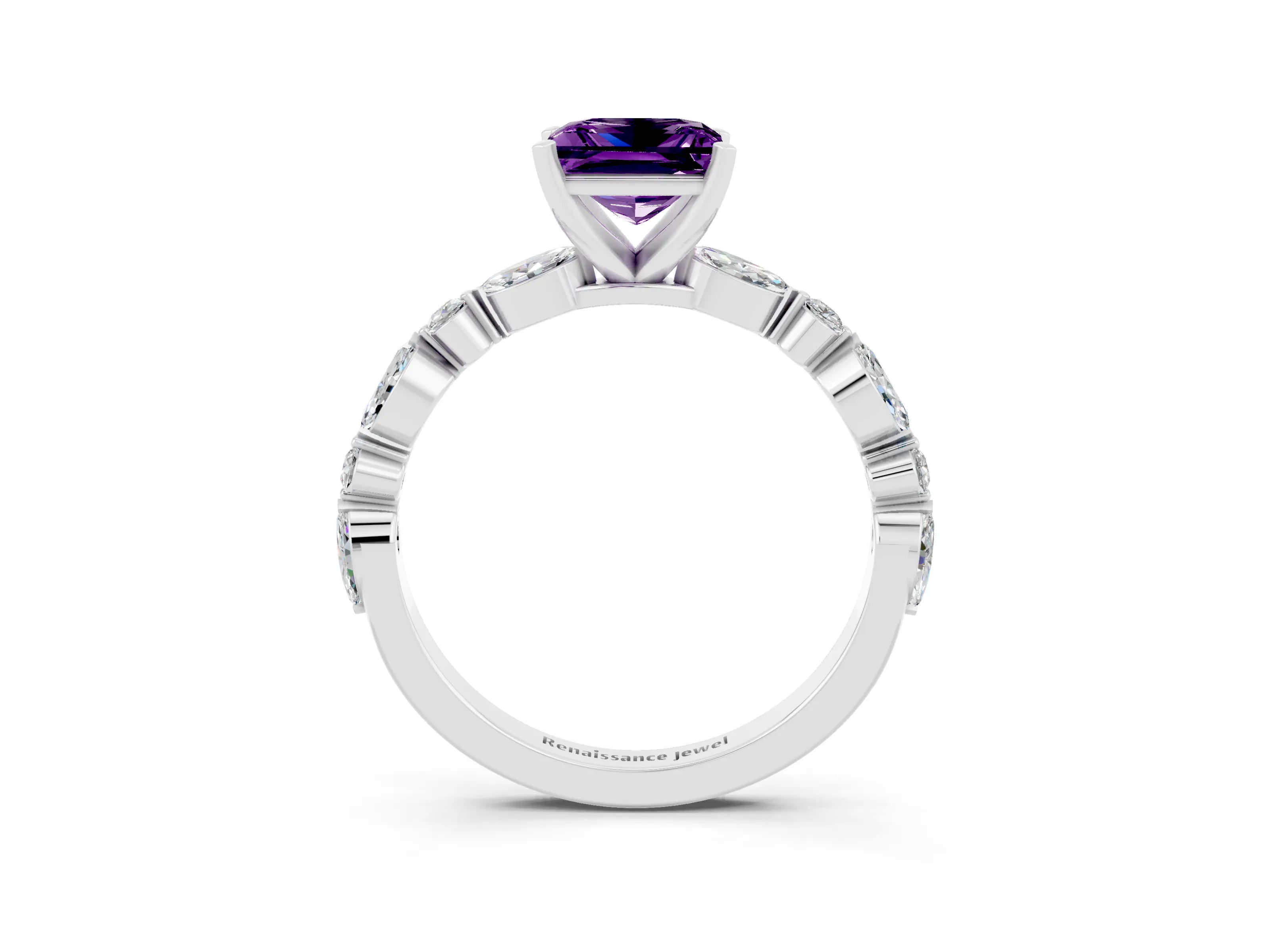 White gold Princess Cut Amethyst Solitaire with Side Stones on a Pavé Band and Four-Prong Setting_3