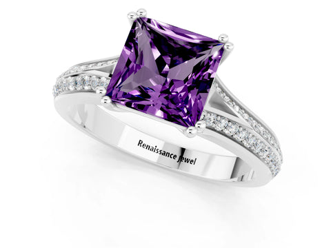 White gold Princess Cut Amethyst Split Shank Engagement Ring with Pavé Band_1