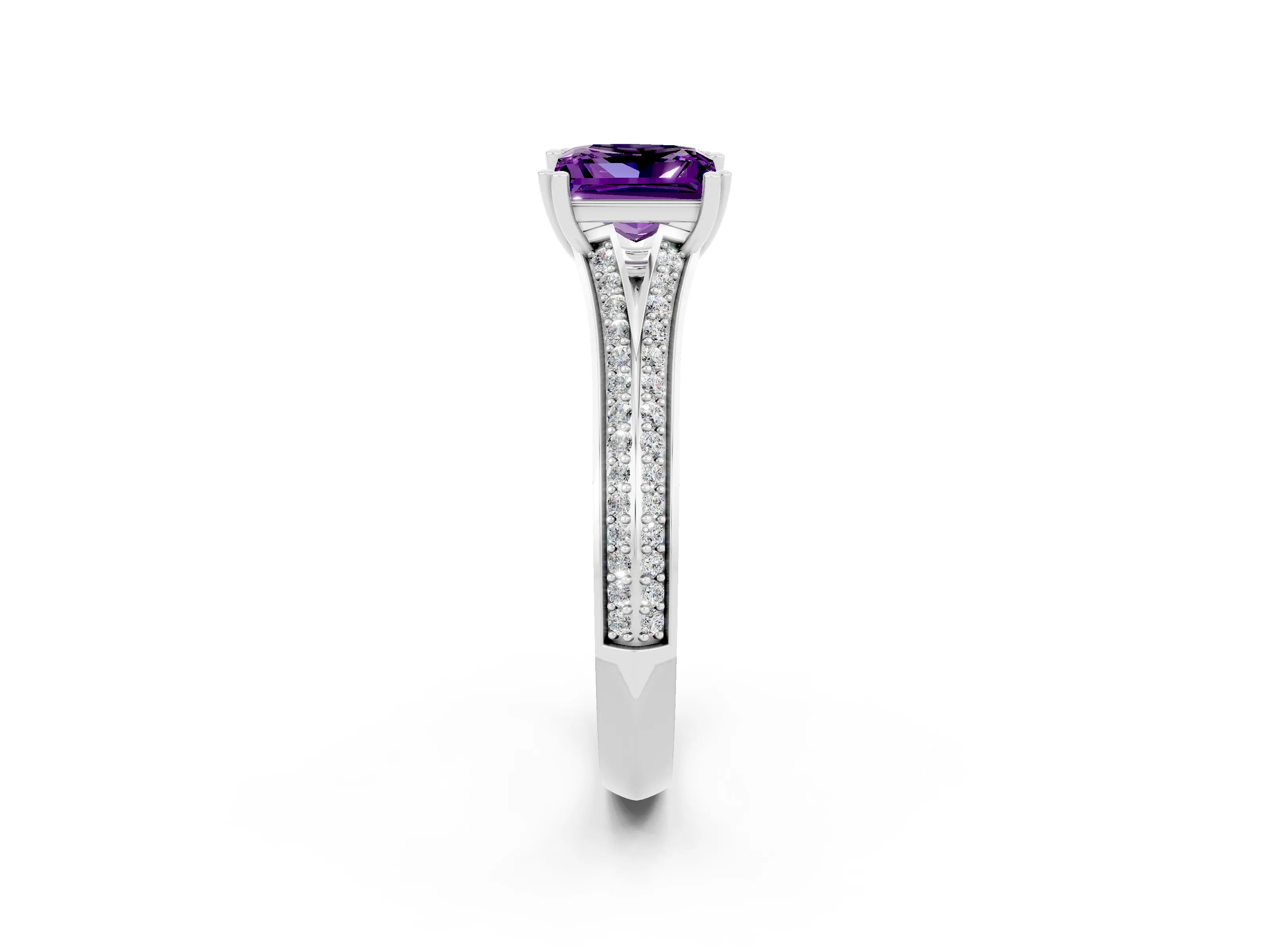 White gold Princess Cut Amethyst Split Shank Engagement Ring with Pavé Band_2