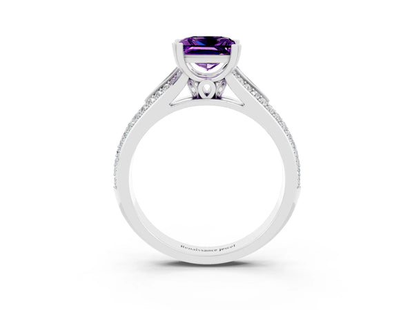 Platinum Princess Cut Amethyst Split Shank Engagement Ring with Pavé Band