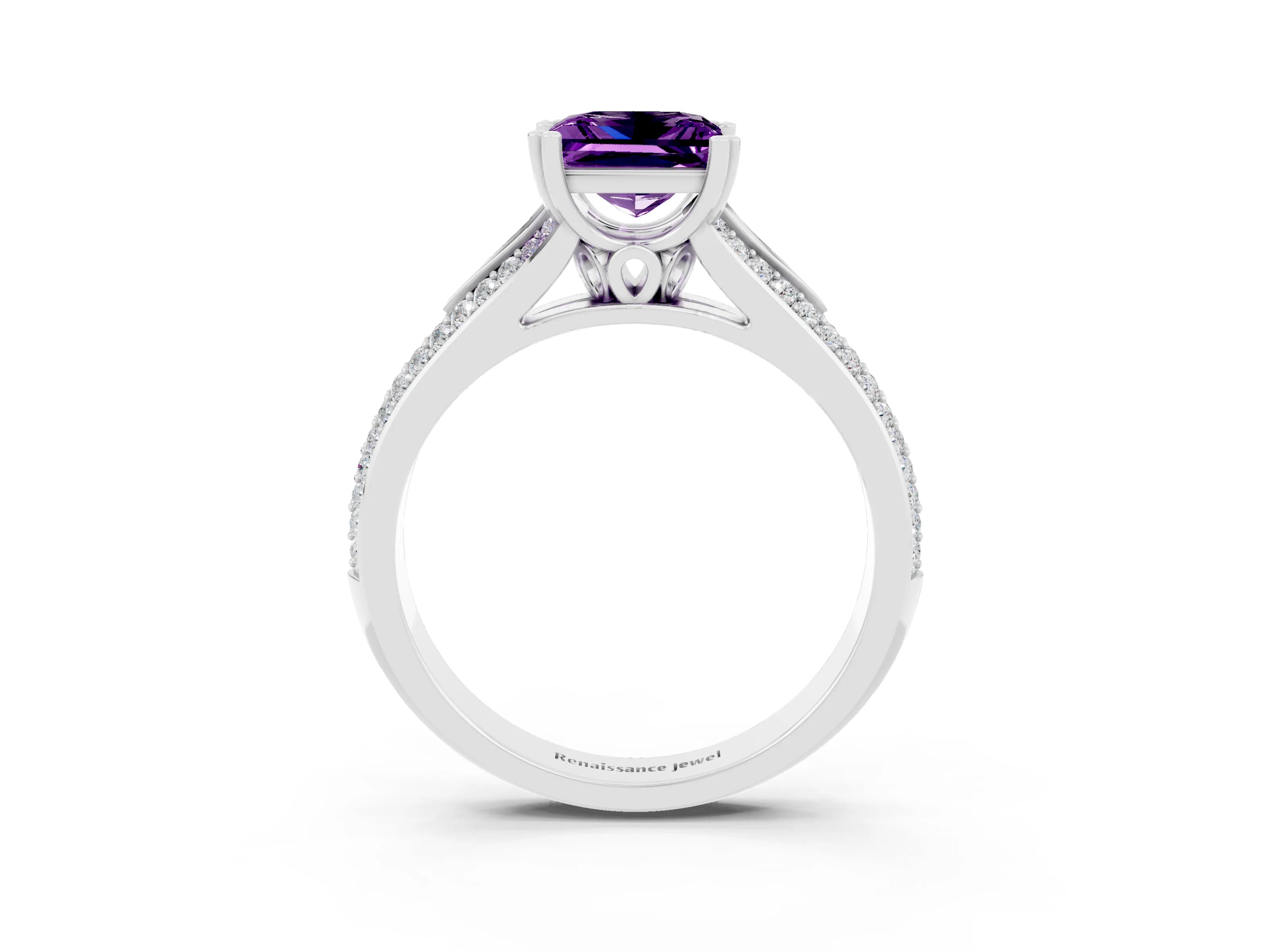 White gold Princess Cut Amethyst Split Shank Engagement Ring with Pavé Band_3