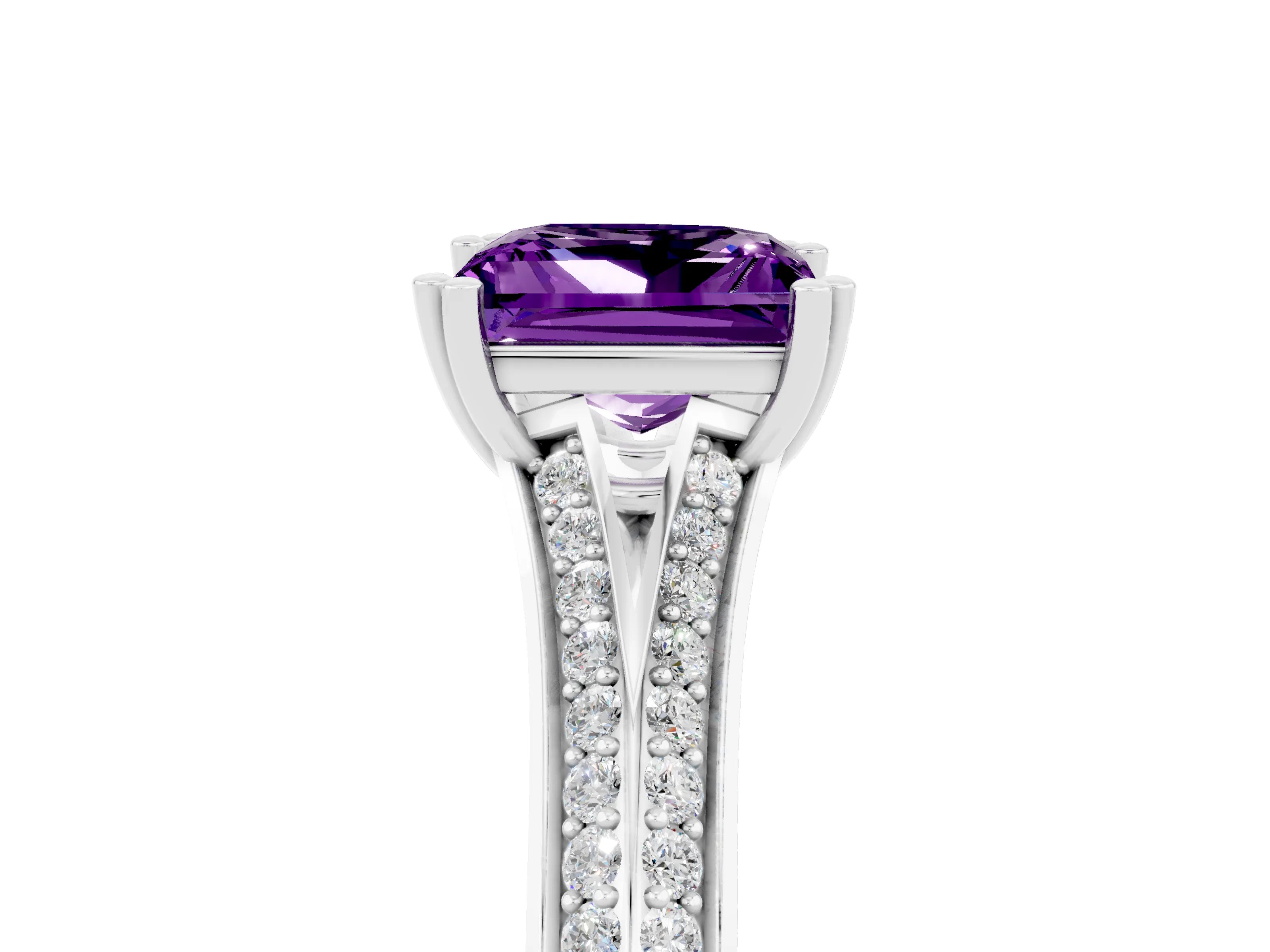 White gold Princess Cut Amethyst Split Shank Engagement Ring with Pavé Band_5
