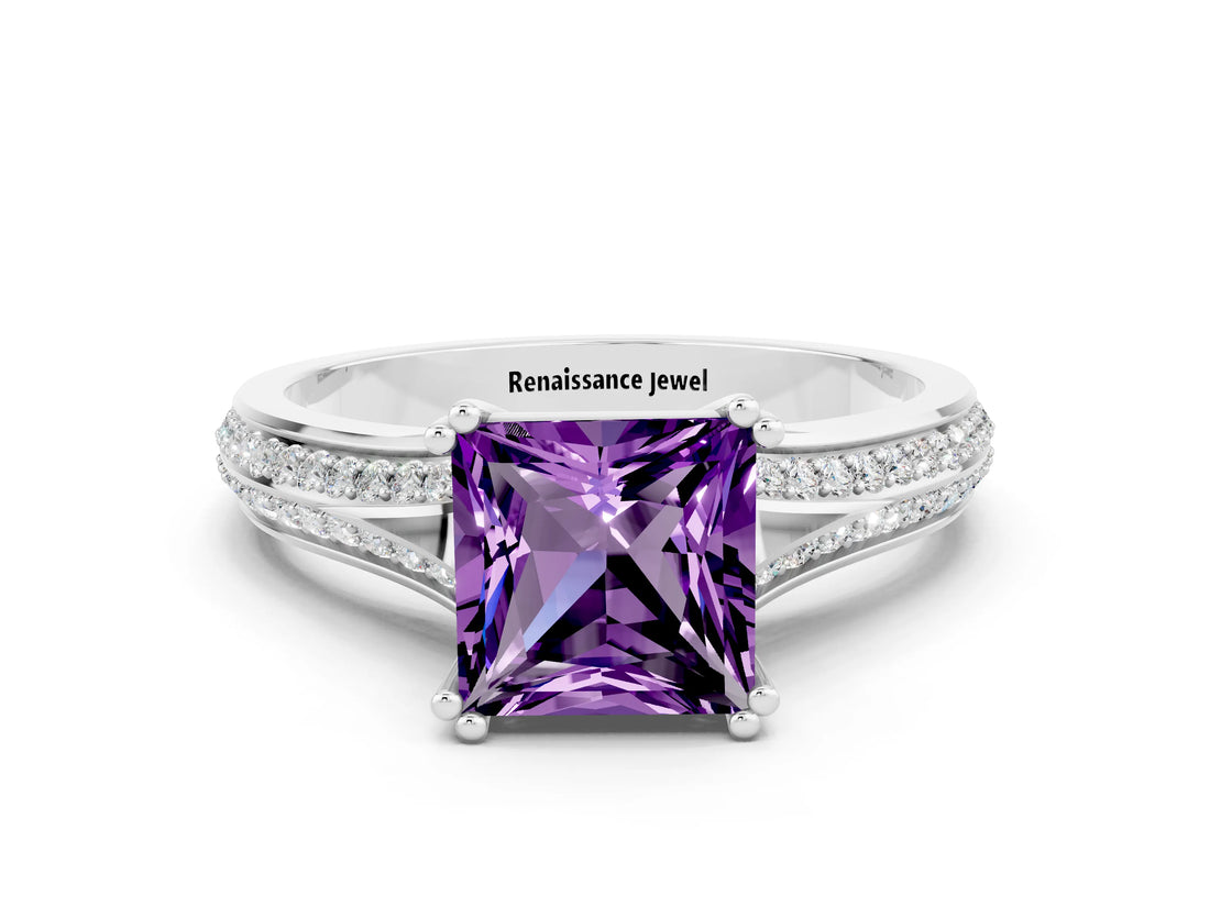 White gold Princess Cut Amethyst Split Shank Engagement Ring with Pavé Band