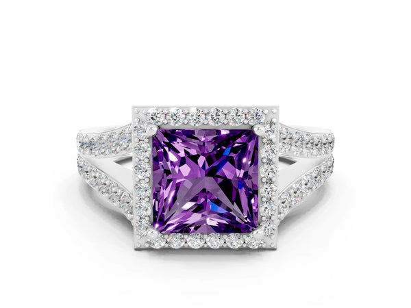 Silver Princess Cut Amethyst Split Shank Halo Ring with Four-Prong Setting