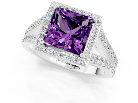 White gold Princess Cut Amethyst Split Shank Halo Ring with Four-Prong Setting_60