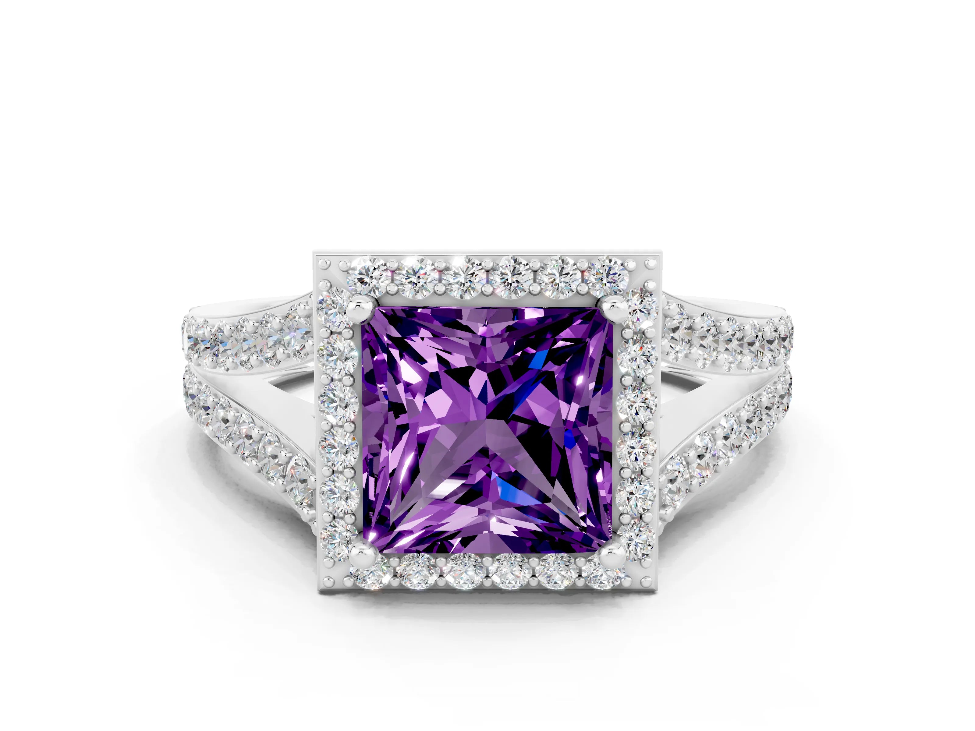 White gold Princess Cut Amethyst Split Shank Halo Ring with Four-Prong Setting_61