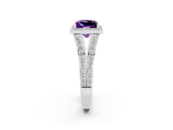 Silver Princess Cut Amethyst Split Shank Halo Ring with Four-Prong Setting