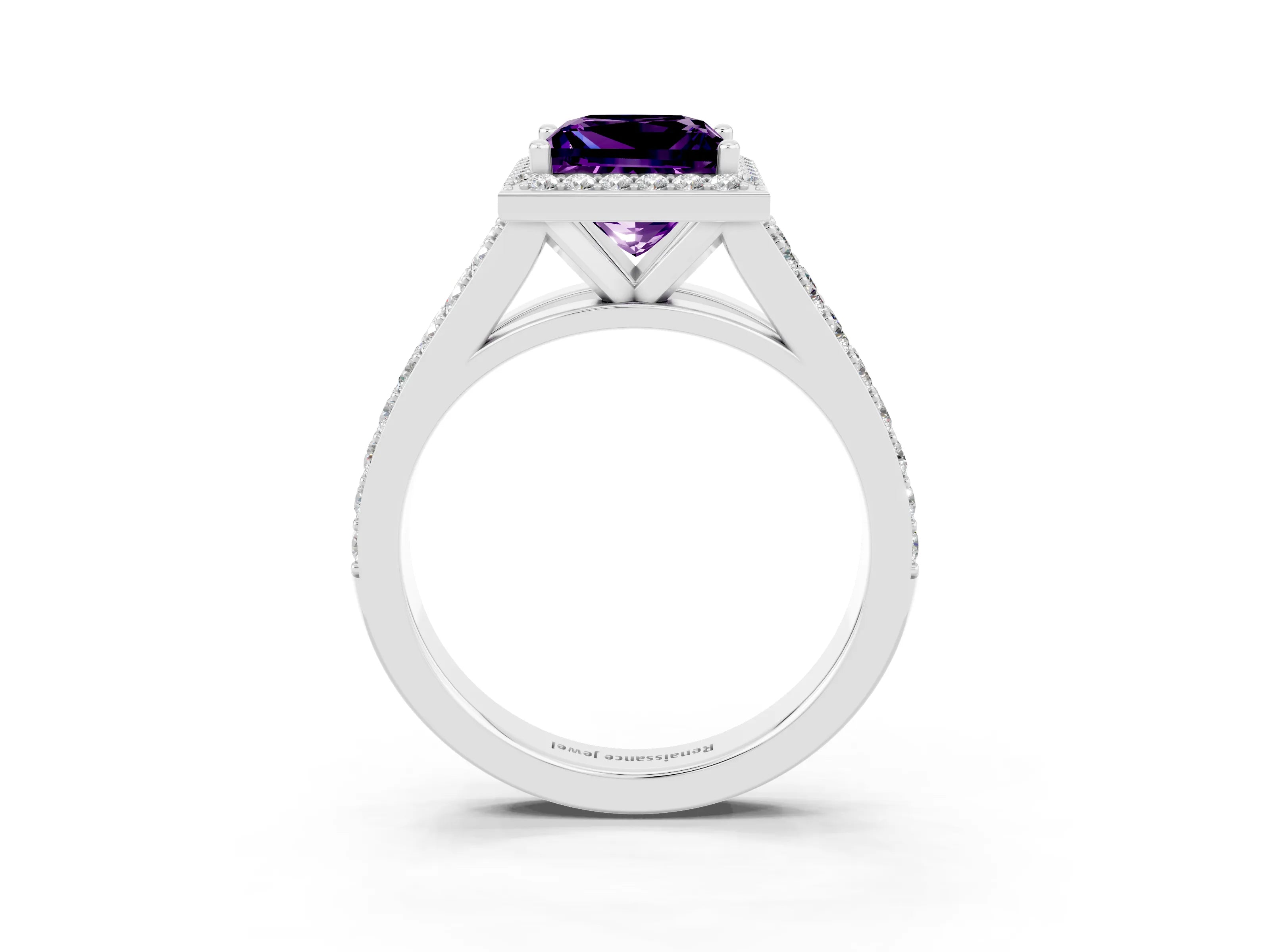 White gold Princess Cut Amethyst Split Shank Halo Ring with Four-Prong Setting_62