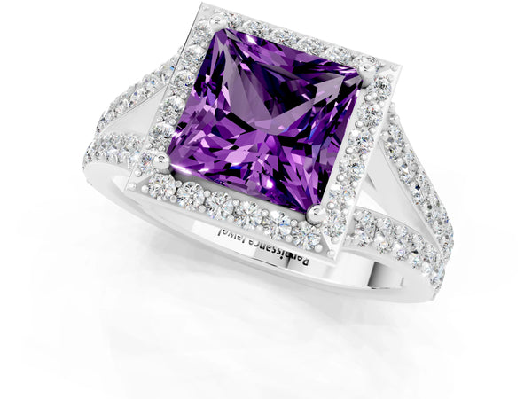 White gold Princess Cut Amethyst Split Shank Halo Ring with Four-Prong Setting