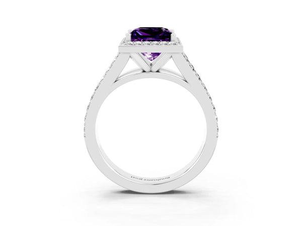 Platinum Princess Cut Amethyst Split Shank Halo Ring with Four-Prong Setting
