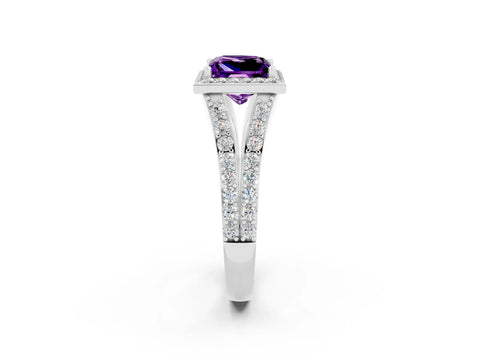 White gold Princess Cut Amethyst Split Shank Halo Ring with Four-Prong Setting_63