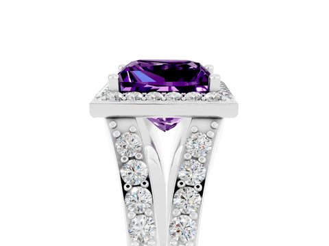 White gold Princess Cut Amethyst Split Shank Halo Ring with Four-Prong Setting_64