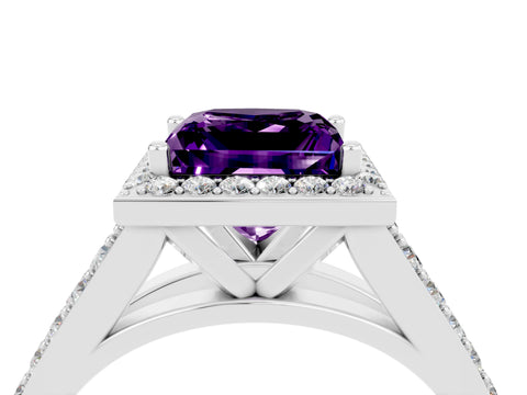 White gold Princess Cut Amethyst Split Shank Halo Ring with Four-Prong Setting_64