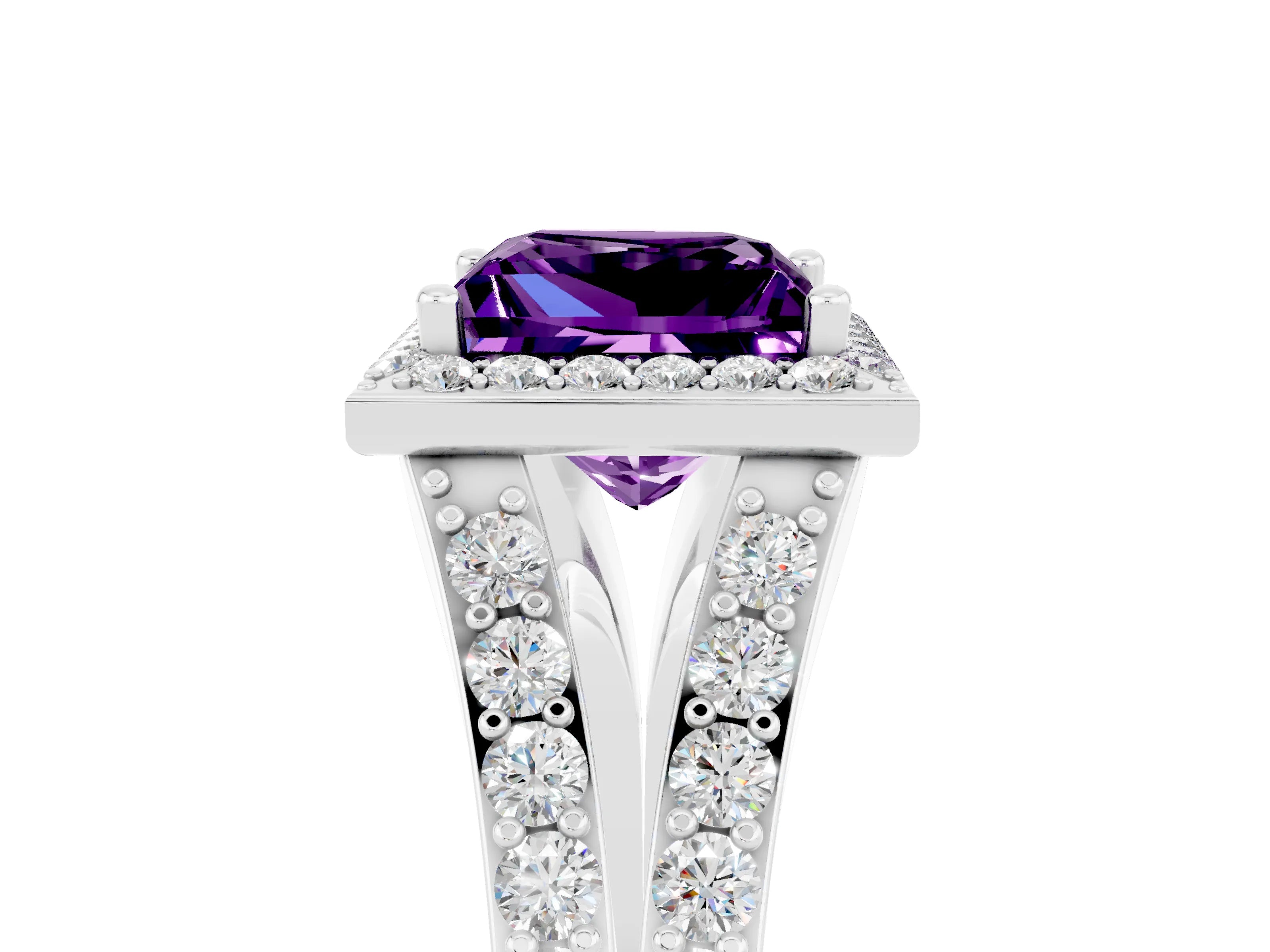 White gold Princess Cut Amethyst Split Shank Halo Ring with Four-Prong Setting_65