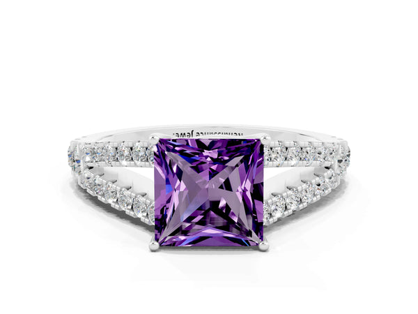 Platinum Princess Cut Amethyst Split Shank Pavé Engagement Ring with Four-Prong Setting