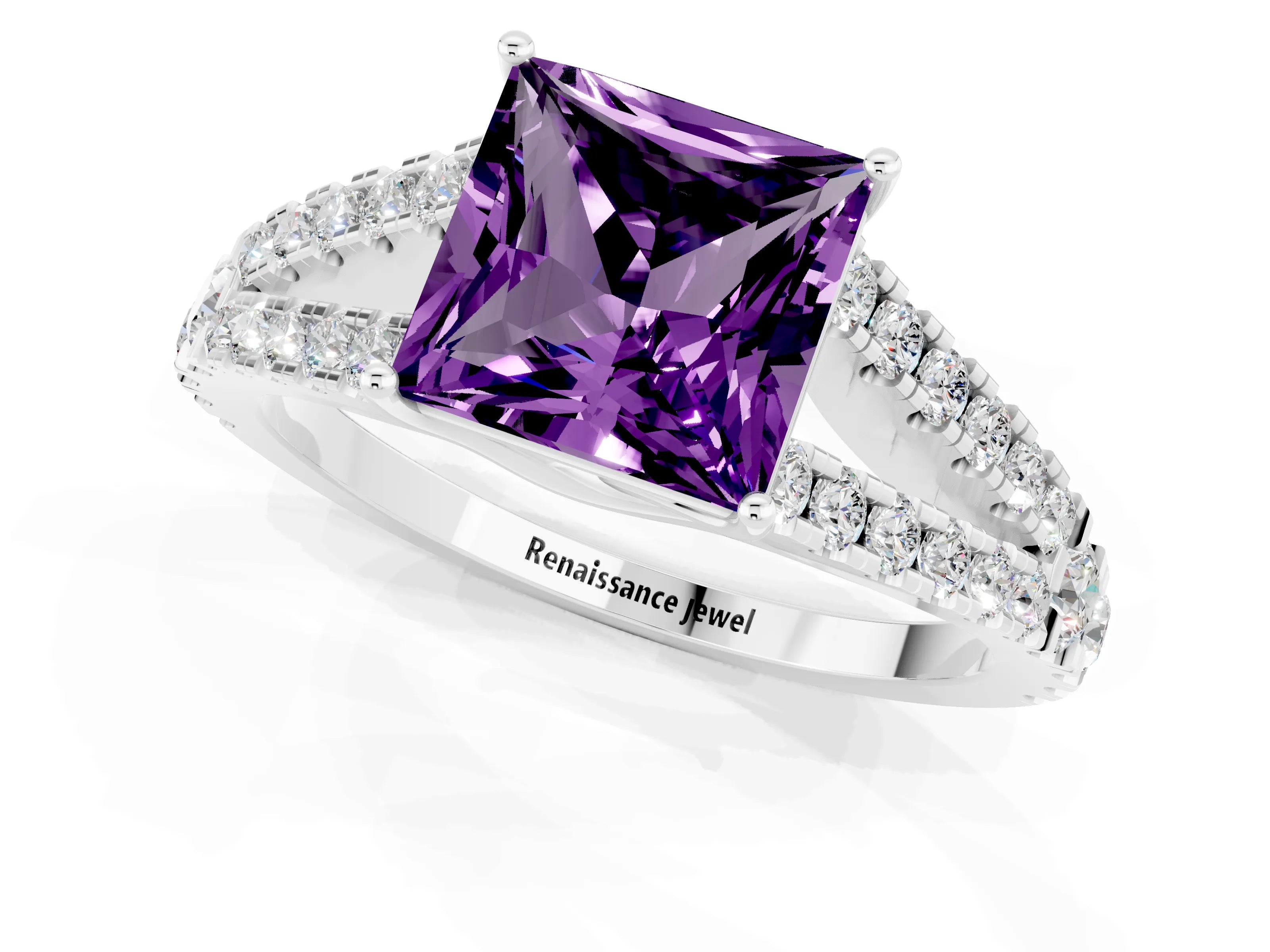 White gold Princess Cut Amethyst Split Shank Pavé Engagement Ring with Four-Prong Setting_13