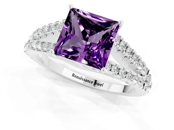 Platinum Princess Cut Amethyst Split Shank Pavé Engagement Ring with Four-Prong Setting