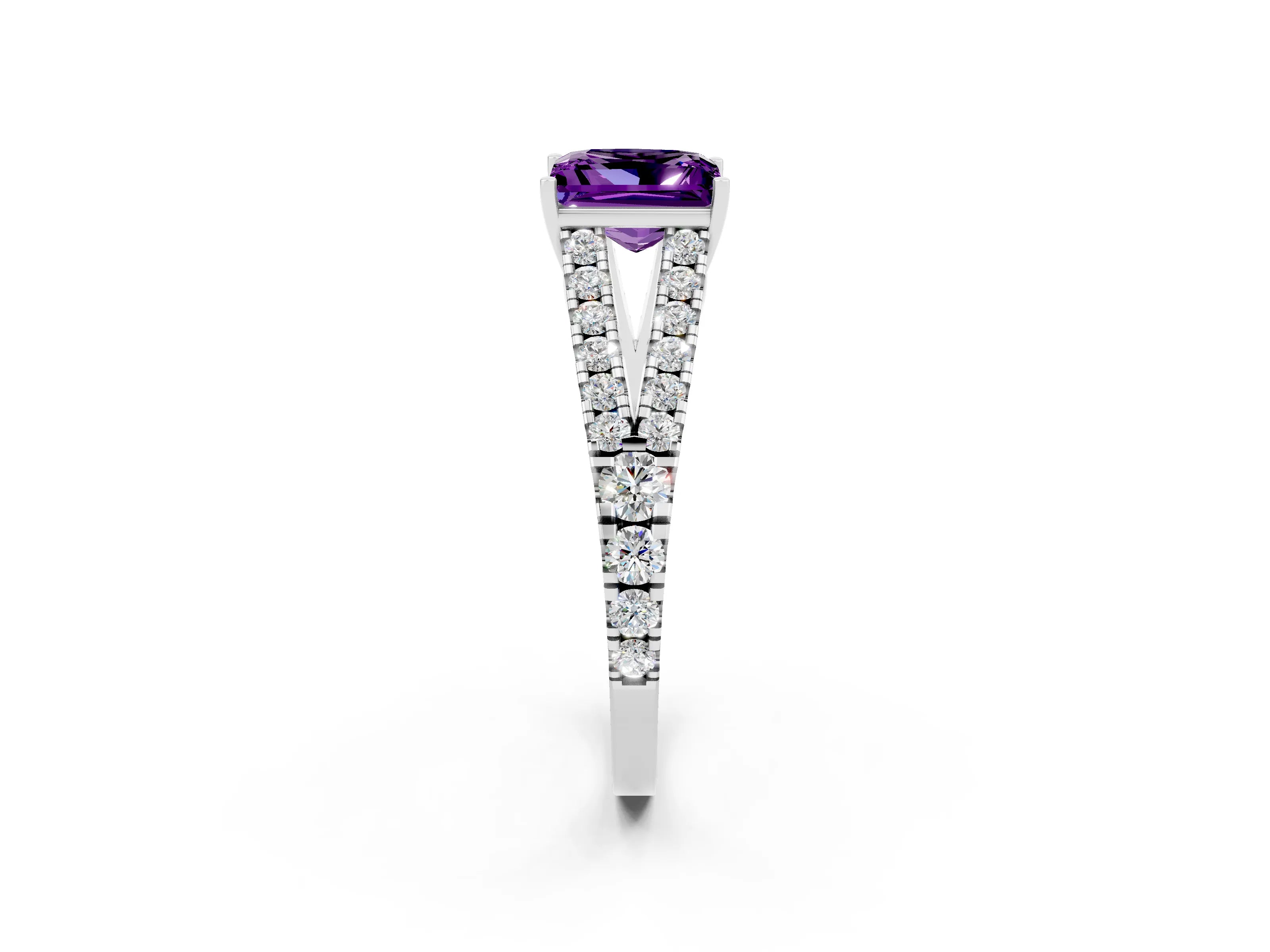 White gold Princess Cut Amethyst Split Shank Pavé Engagement Ring with Four-Prong Setting_14