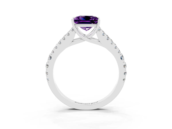 Platinum Princess Cut Amethyst Split Shank Pavé Engagement Ring with Four-Prong Setting