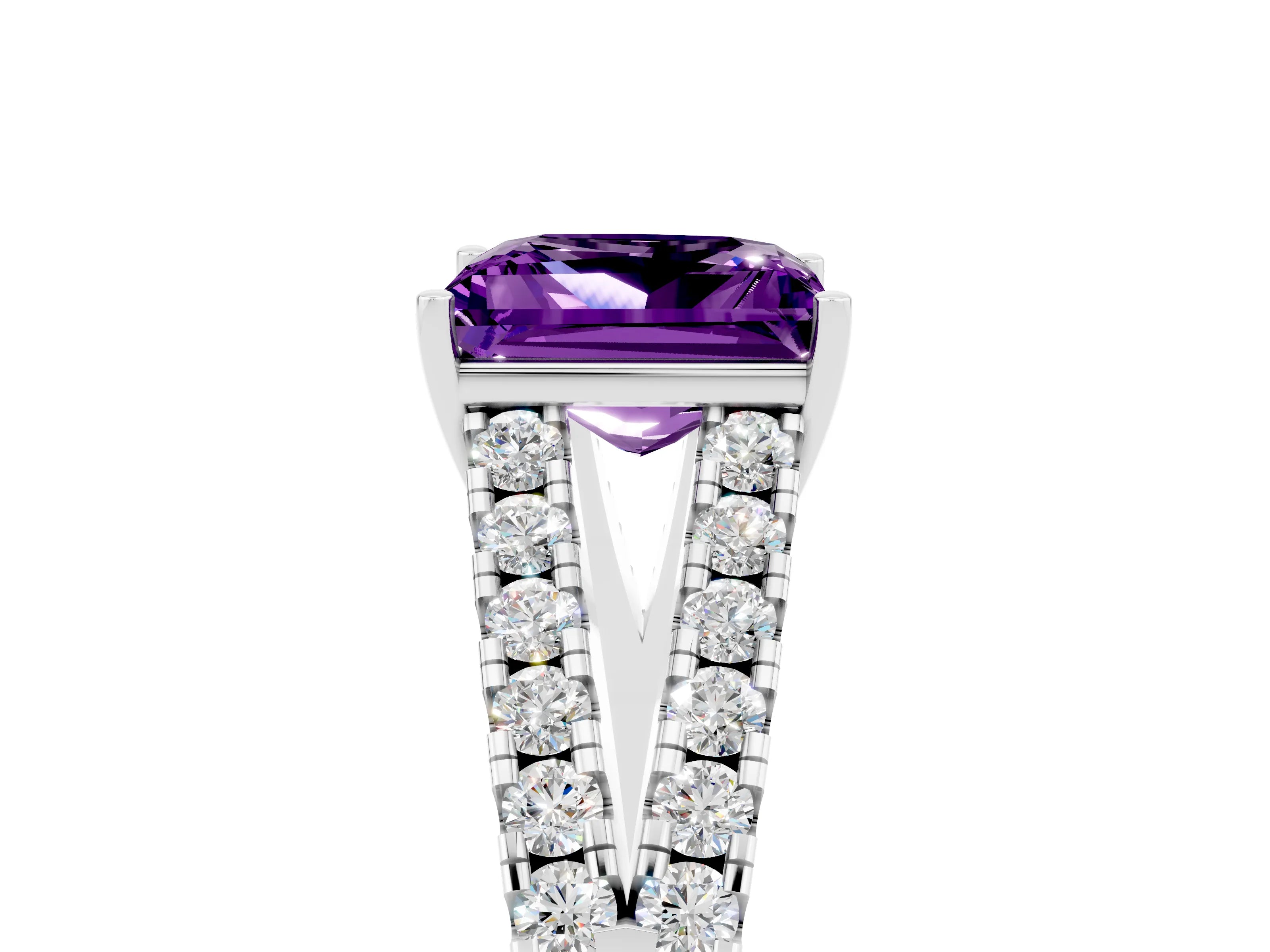White gold Princess Cut Amethyst Split Shank Pavé Engagement Ring with Four-Prong Setting_17