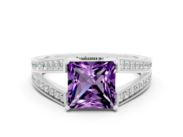 Platinum Princess Cut Amethyst Split Shank Ring with Pavé Band and Four-Prong Setting
