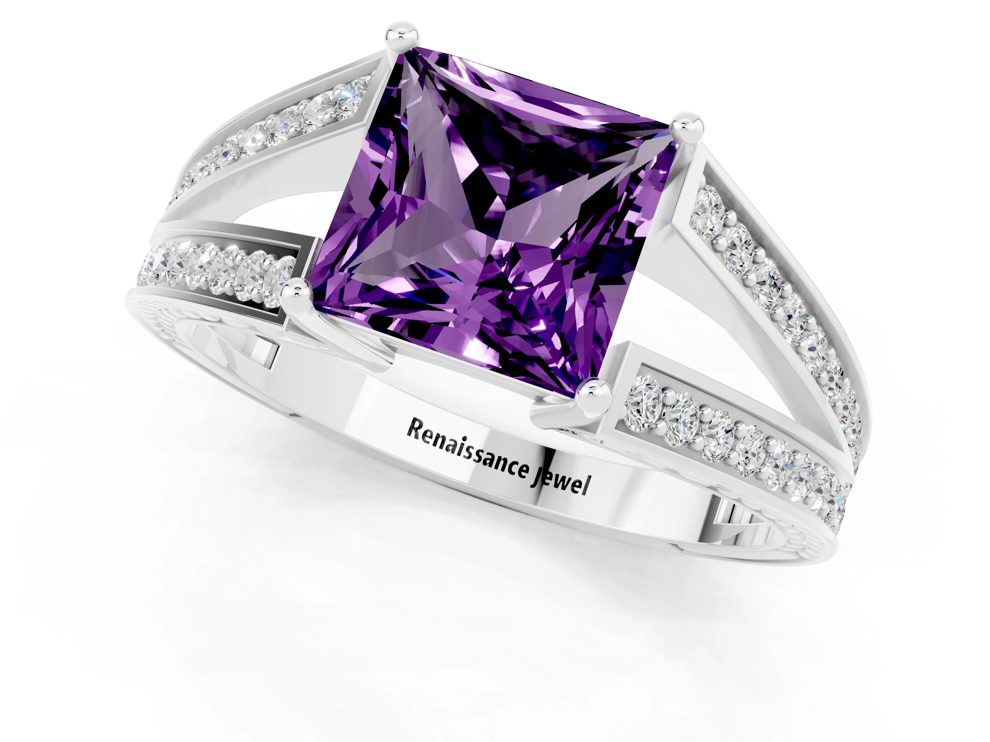 White gold Princess Cut Amethyst Split Shank Ring with Pavé Band and Four-Prong Setting_1