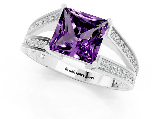 Silver Princess Cut Amethyst Split Shank Ring with Pavé Band and Four-Prong Setting