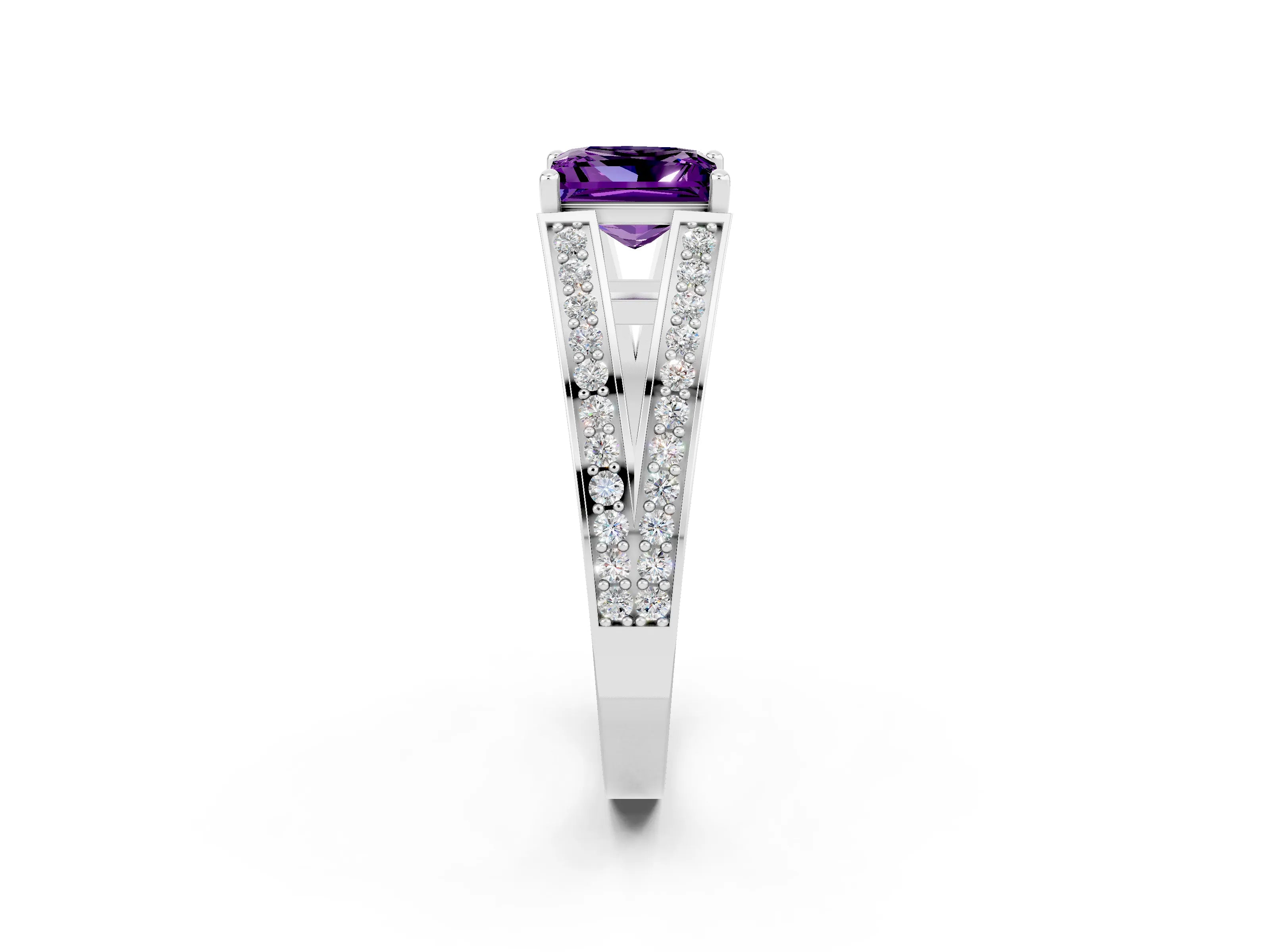 White gold Princess Cut Amethyst Split Shank Ring with Pavé Band and Four-Prong Setting_2