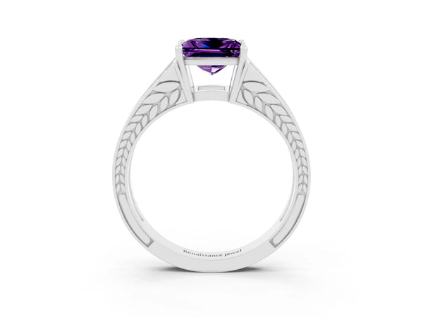 Platinum Princess Cut Amethyst Split Shank Ring with Pavé Band and Four-Prong Setting