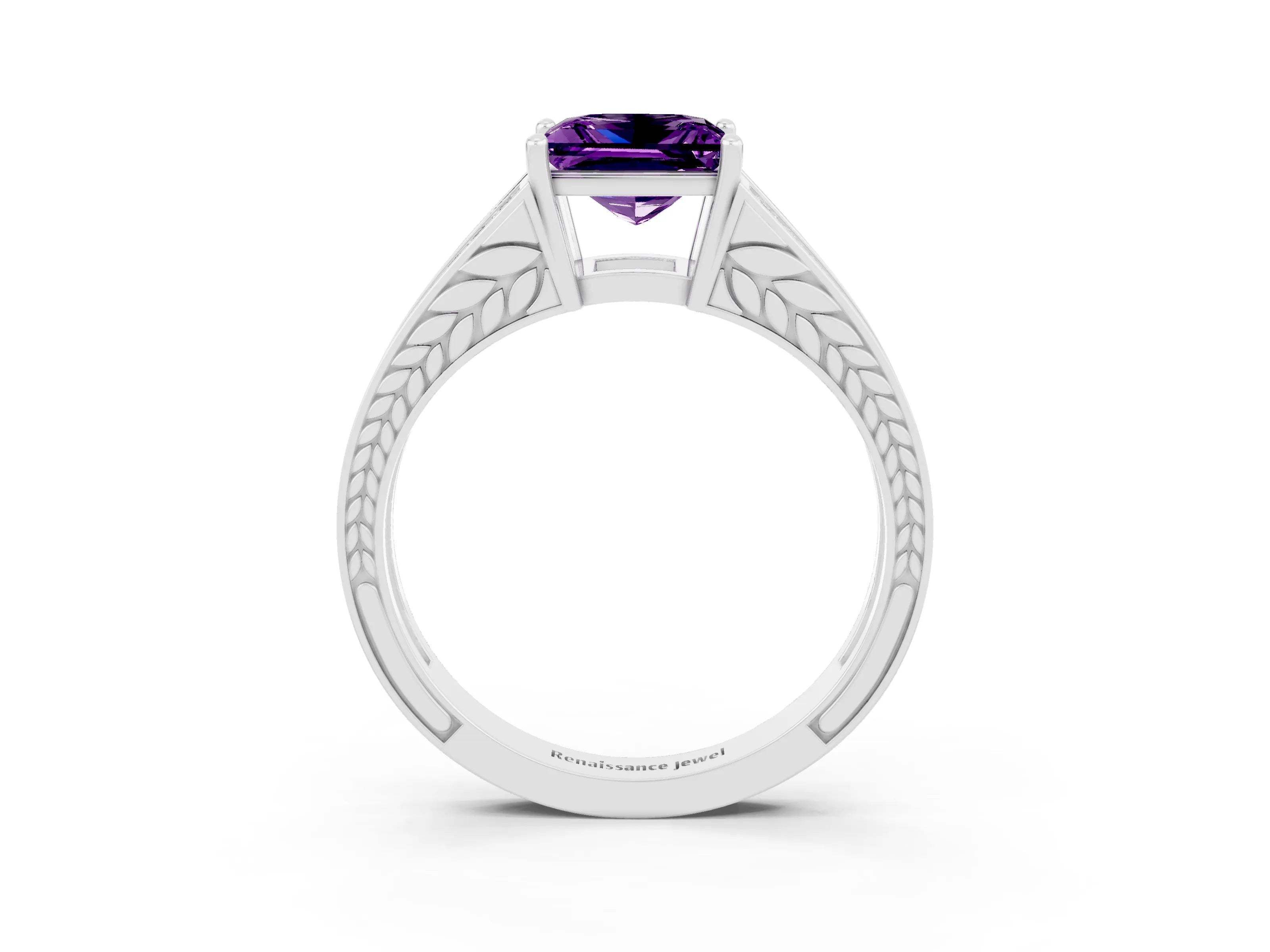 White gold Princess Cut Amethyst Split Shank Ring with Pavé Band and Four-Prong Setting_3