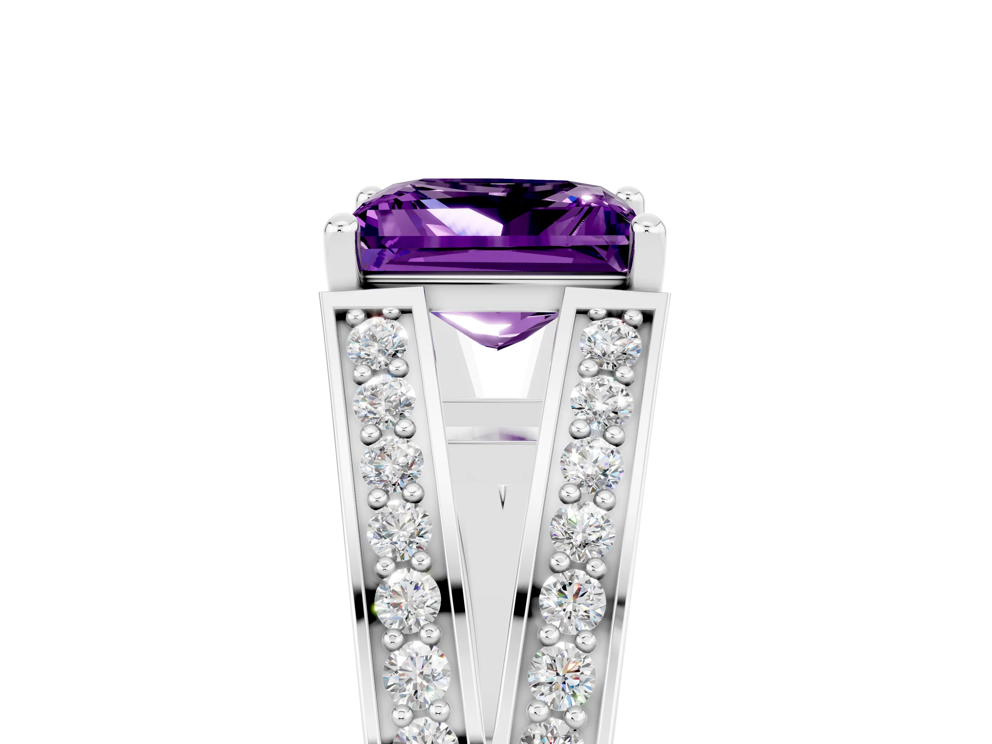 White gold Princess Cut Amethyst Split Shank Ring with Pavé Band and Four-Prong Setting_5