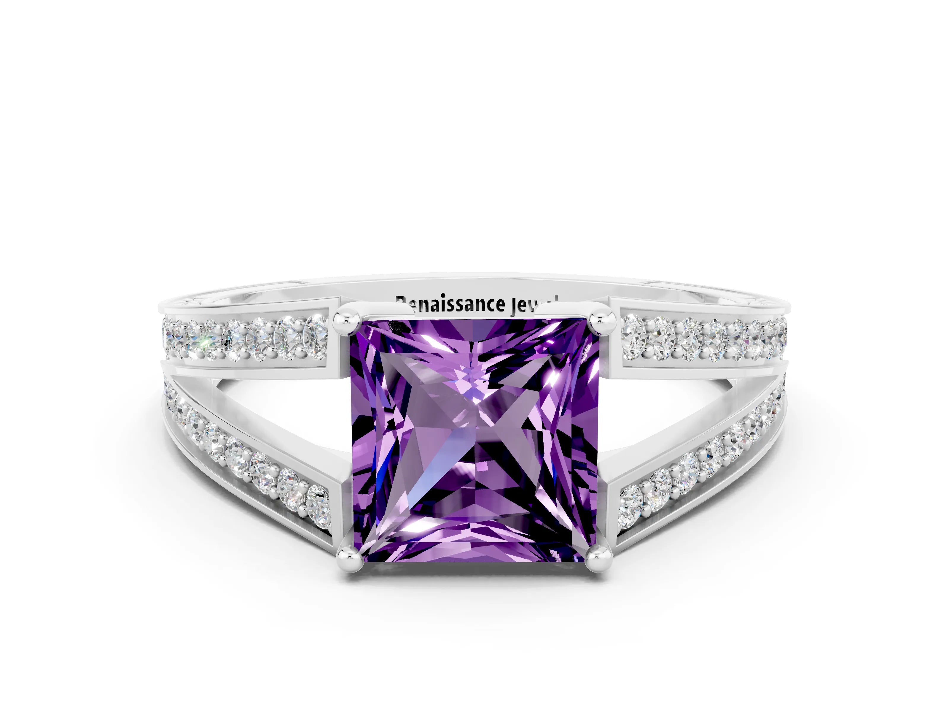 White gold Princess Cut Amethyst Split Shank Ring with Pavé Band and Four-Prong Setting