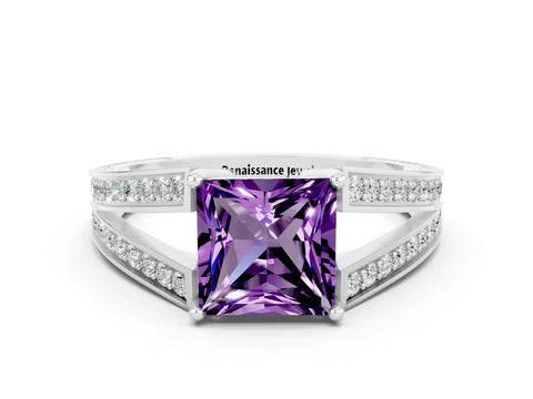 White gold Princess Cut Amethyst Split Shank Ring with Pavé Band and Four-Prong Setting