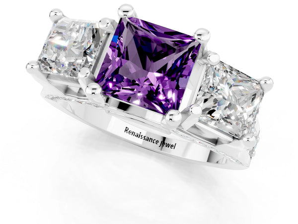 Platinum Princess Cut Amethyst Three-Stone Ring with Channel Set Band and Four-Prong Setting
