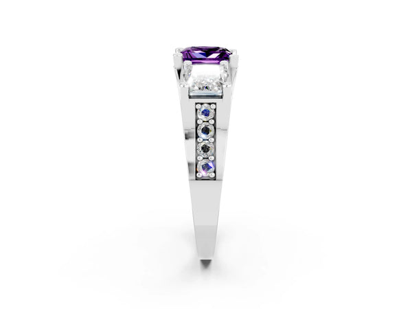 Platinum Princess Cut Amethyst Three-Stone Ring with Channel Set Band and Four-Prong Setting