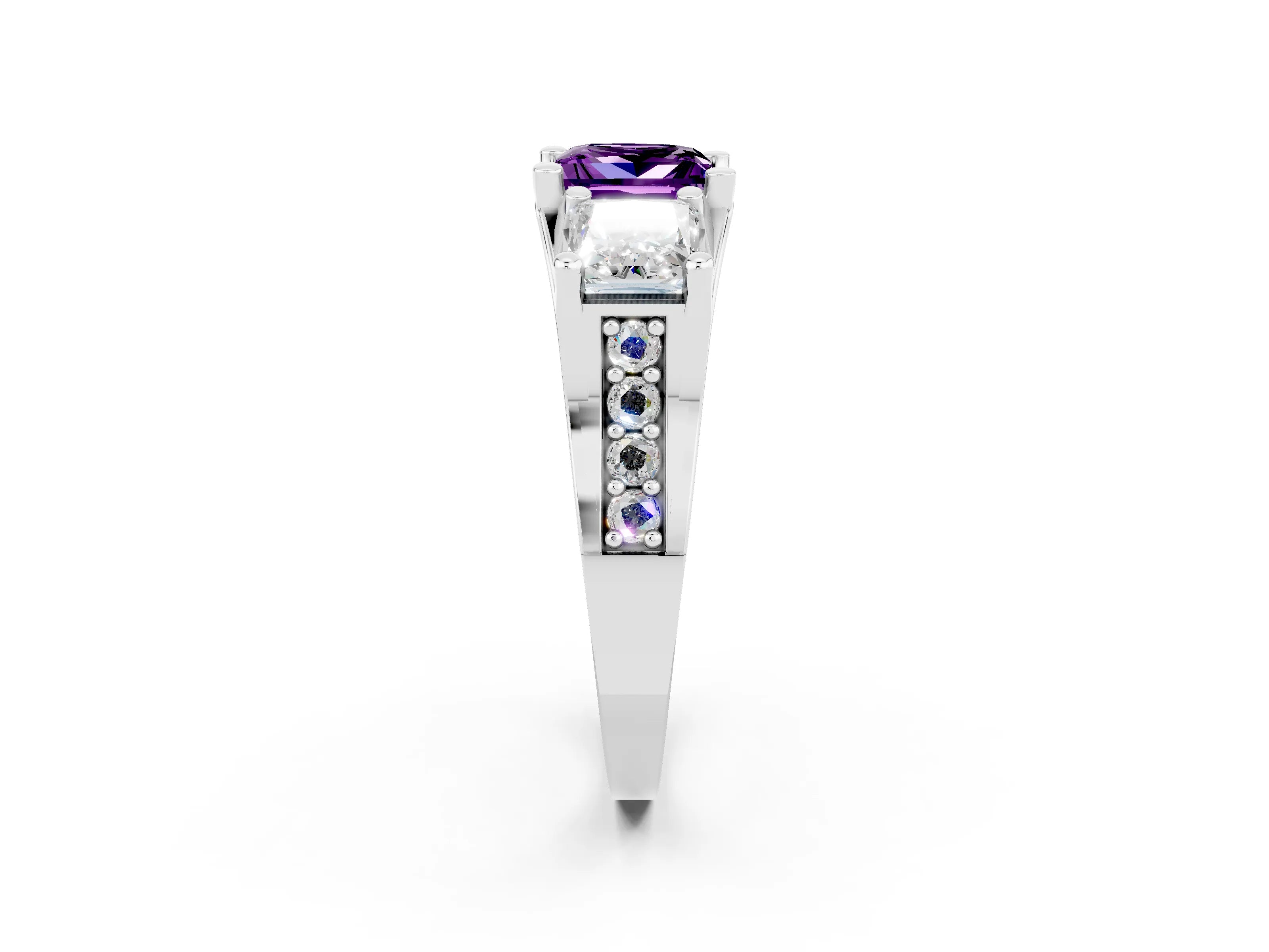White gold Princess Cut Amethyst Three-Stone Ring with Channel Set Band and Four-Prong Setting_2