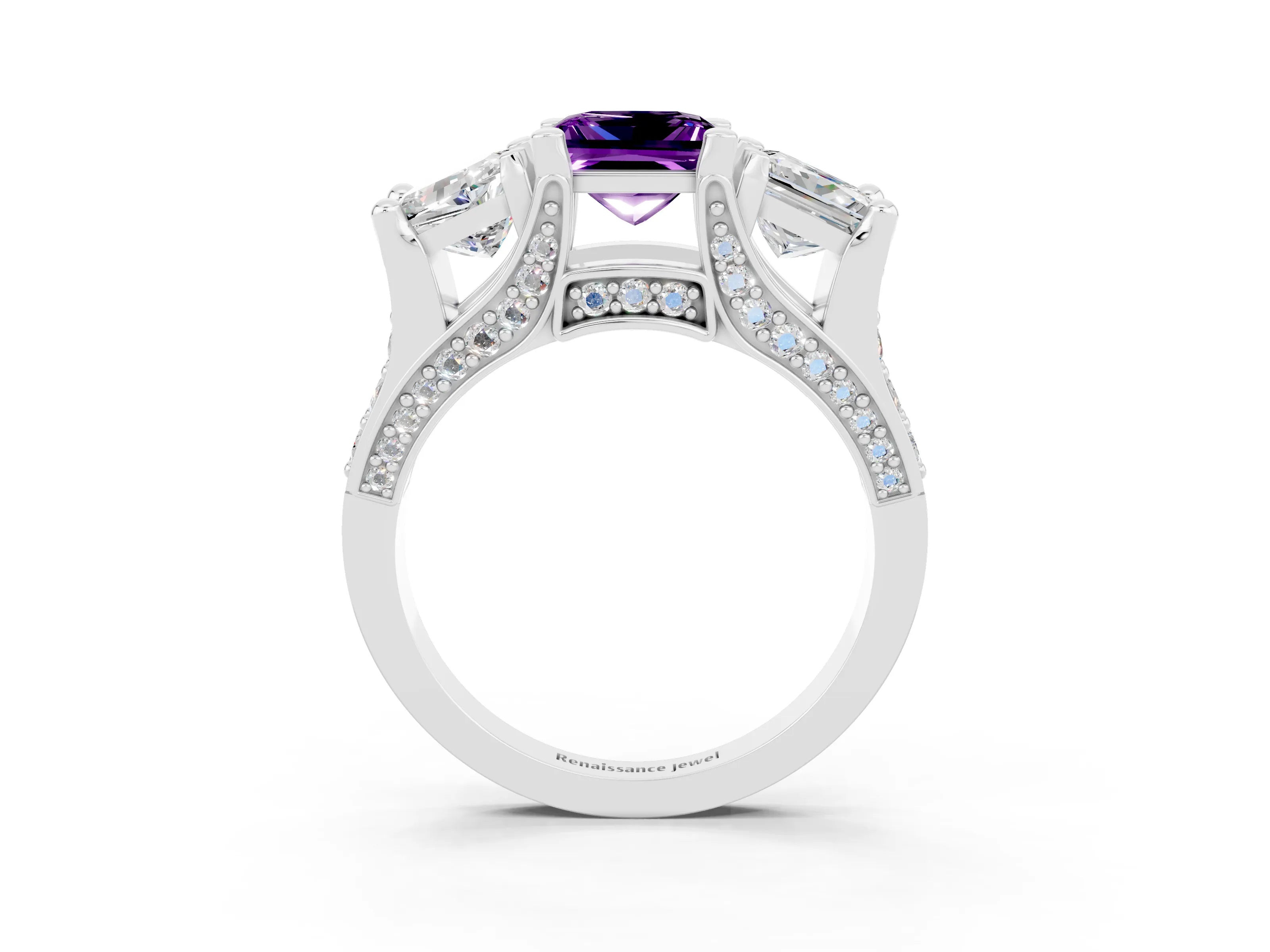 White gold Princess Cut Amethyst Three-Stone Ring with Channel Set Band and Four-Prong Setting_3