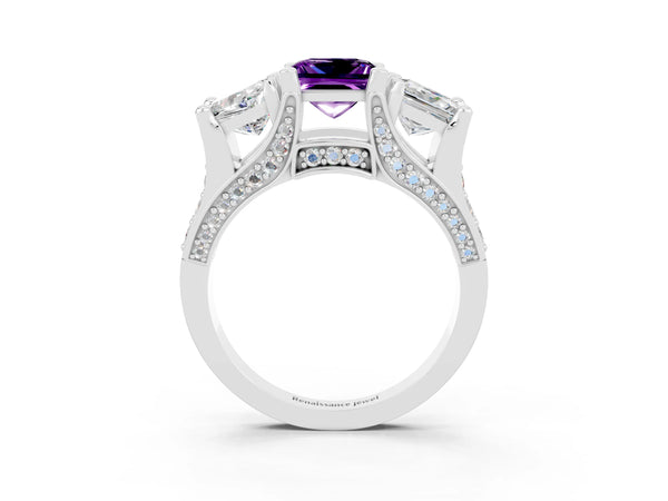 Silver Princess Cut Amethyst Three-Stone Ring with Channel Set Band and Four-Prong Setting