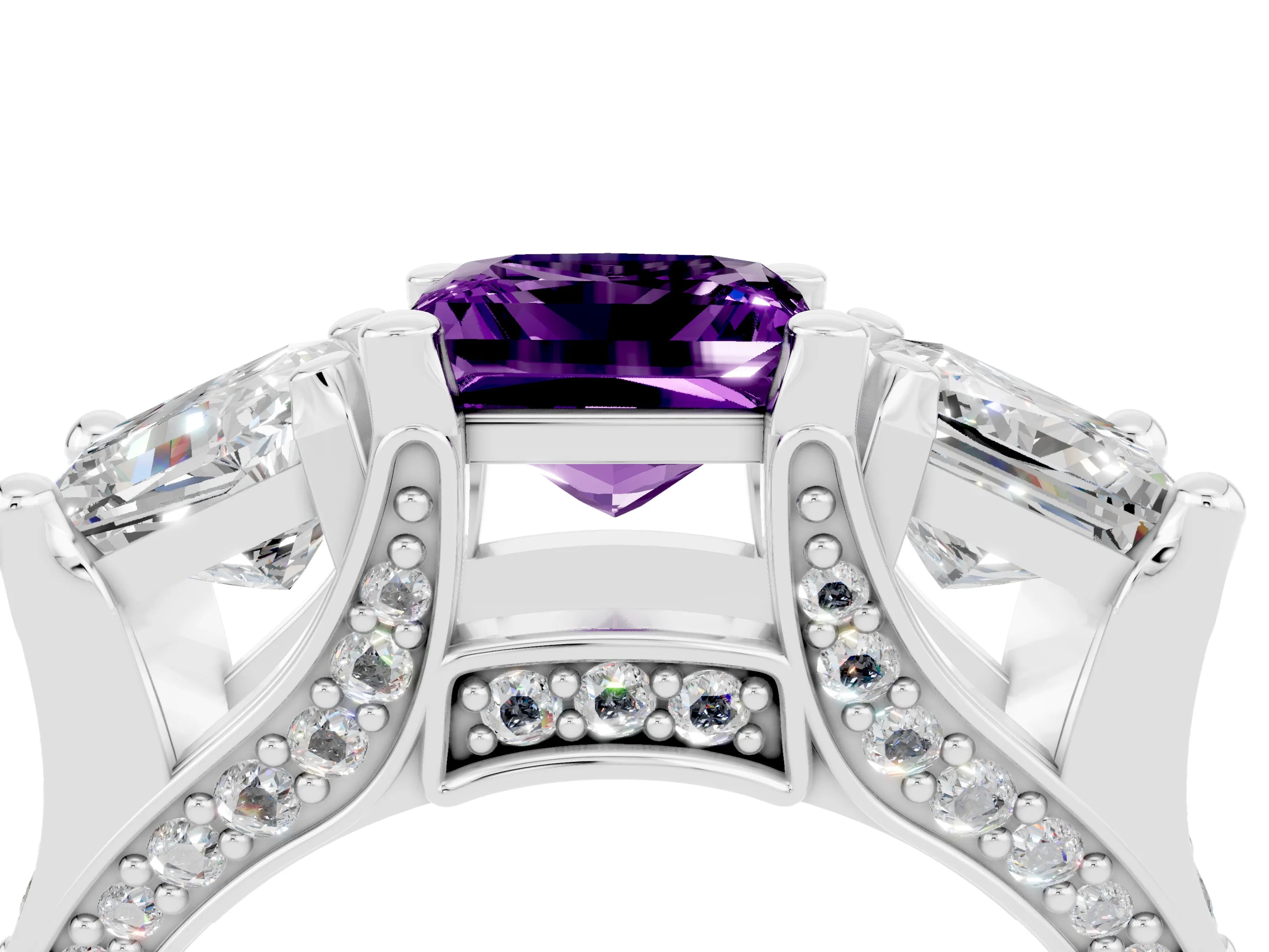 White gold Princess Cut Amethyst Three-Stone Ring with Channel Set Band and Four-Prong Setting_4