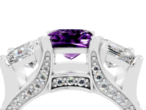 White gold Princess Cut Amethyst Three-Stone Ring with Channel Set Band and Four-Prong Setting_4