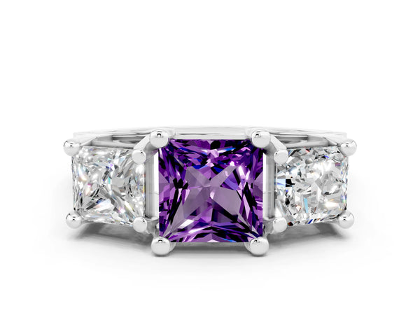 White gold Princess Cut Amethyst Three-Stone Ring with Channel Set Band and Four-Prong Setting