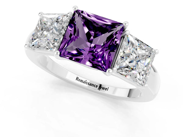 Platinum Princess Cut Amethyst Three-Stone Ring with Four-Prong Setting and Classic Band