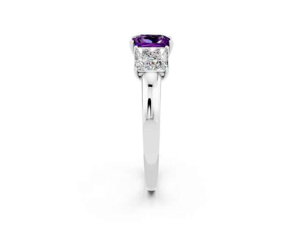 Platinum Princess Cut Amethyst Three-Stone Ring with Four-Prong Setting and Classic Band