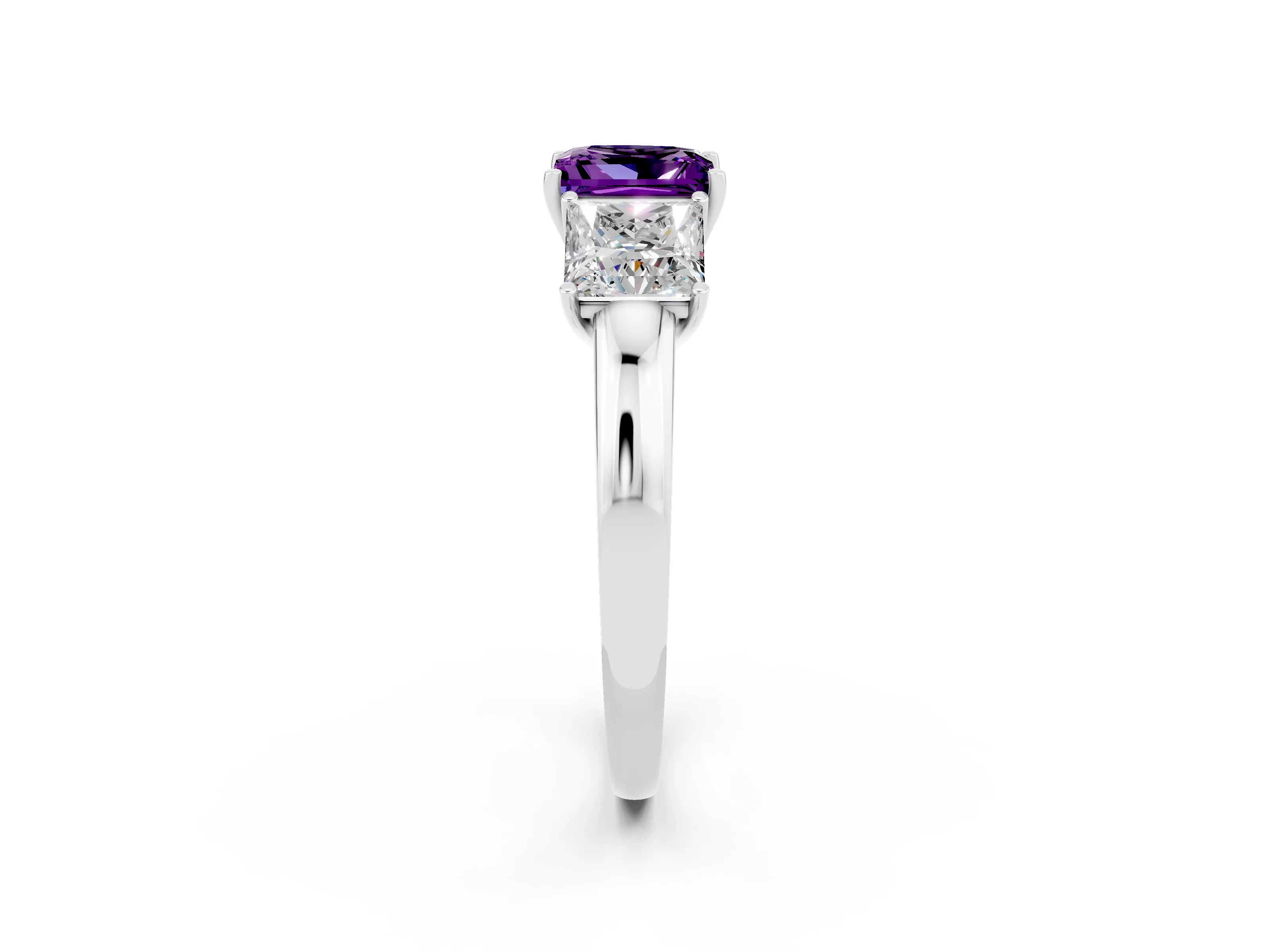 White gold Princess Cut Amethyst Three-Stone Ring with Four-Prong Setting and Classic Band_2