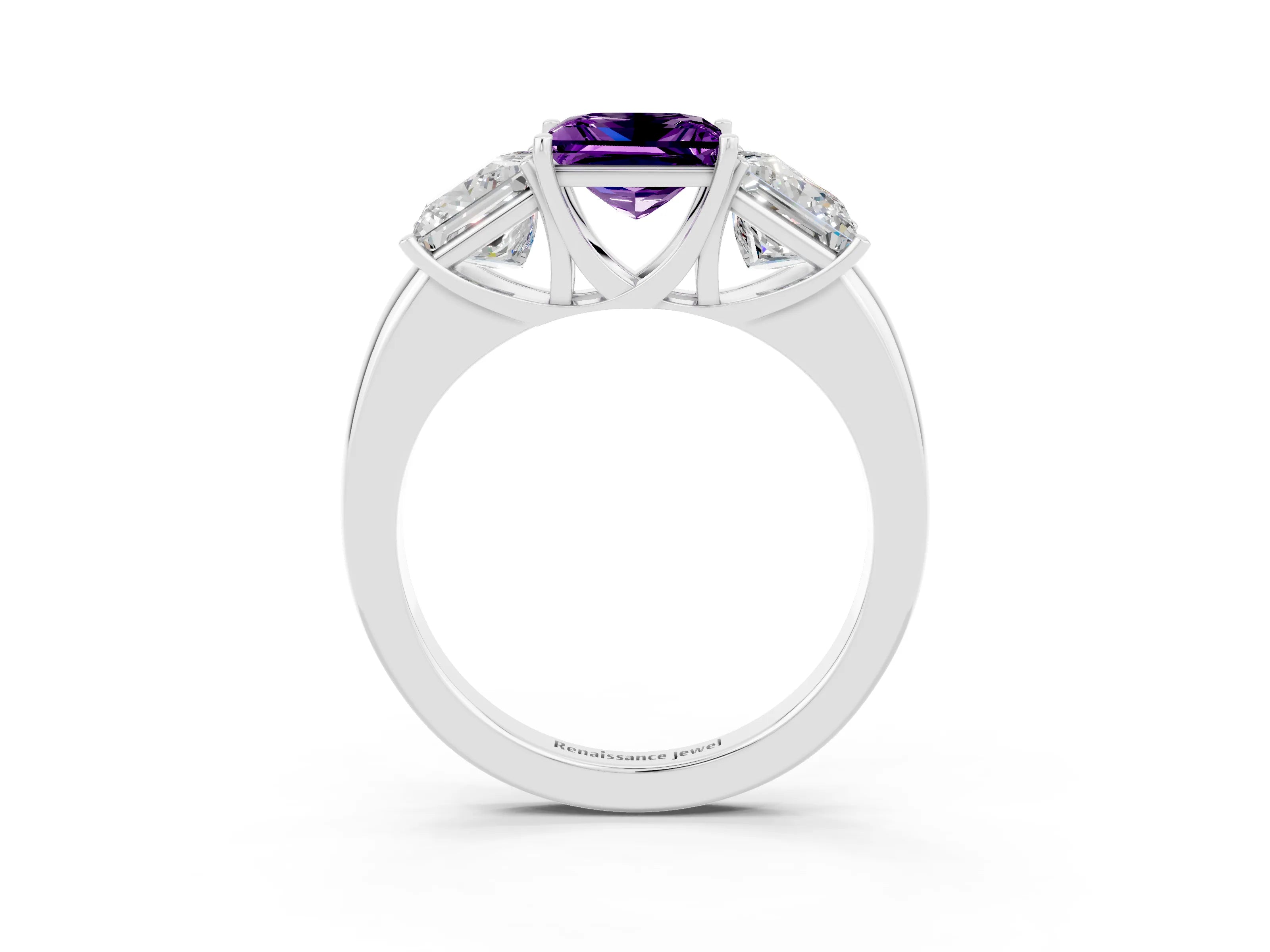 White gold Princess Cut Amethyst Three-Stone Ring with Four-Prong Setting and Classic Band_3