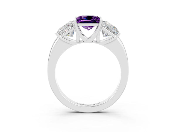 Silver Princess Cut Amethyst Three-Stone Ring with Four-Prong Setting and Classic Band