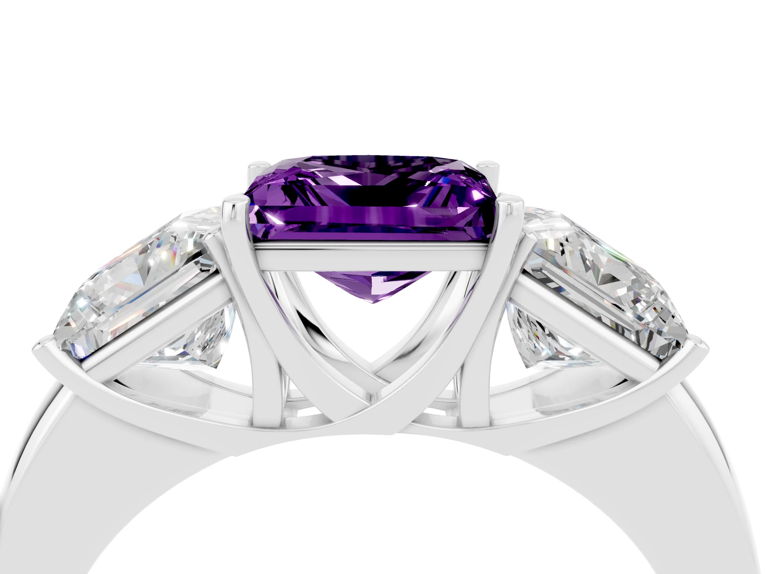 White gold Princess Cut Amethyst Three-Stone Ring with Four-Prong Setting and Classic Band_4